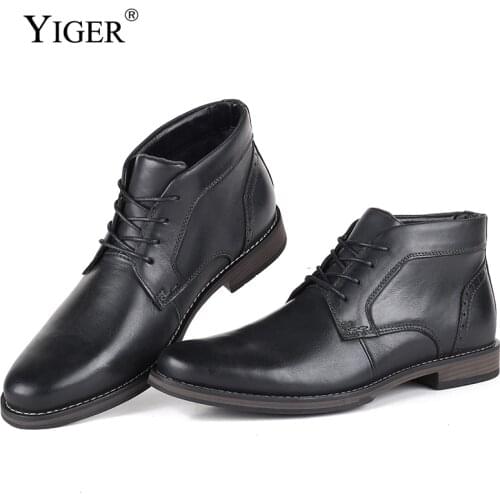 YIGER New Men Martins boots Genuine Leather Winter with fur Big size men Ankle boots male casual lace-up High-top shoes 0250