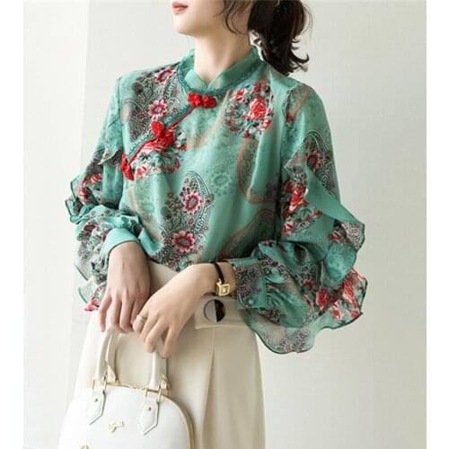 Chinese Style Floral Ruffles Shirt Top Vintage Elegant Printed Lantern Sleeve Chiffon Qipao Women High Quality National
