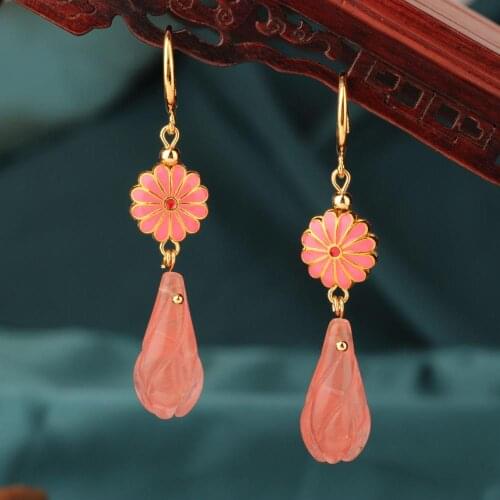 NEW long Vintage Simple pink flower drop earring ethnic Watermelon crystal earrings for women Jewelry gift