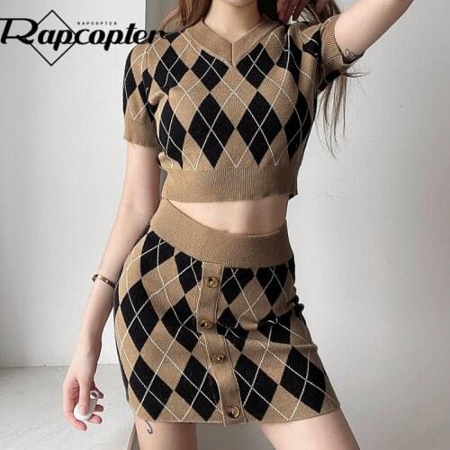 Rapcopter Plaid Female Two Pieces Sets Y2K Retro Knitted Brown Sets Crop Top And Skirts Cute Suits Korean Slim Streetwear New