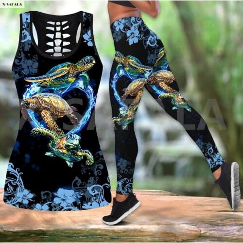 Turtle Lover Two Piece Yoga Set Women 3D Print Vest Hollow Out Tank Top High Waist Legging Summer Casual Sport