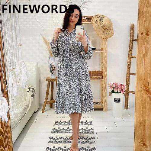 FINEWORDS 2021 Spring Floral Vintage Dress Casual Chiffon Long Sleeve Dress Plus Size Korean Midi Dress Printed Party Ropa Mujer