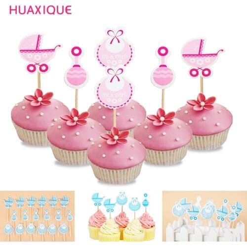 18pcs Baby Shower Decor Cupcake Topper Its Boy Girls Blue Pink Cake Picks Birthday Party Supplies