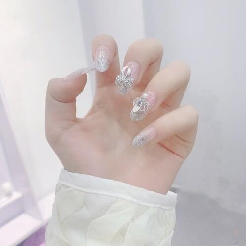 24pcs White Diamond Fake Nails Full cover Fake Nails Glue DIY Manicure Nail Art Tools