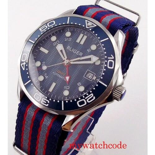41mm Bliger Blue Dial GMT Automatic Men Watch Sapphire Glass Date Nylon Strap Rotating Bezel Ceramic Bezel Insert