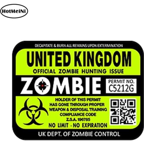 HotMeiNi 15cm x 10cm Car Styling United Kingdom Zombie Hunting License Permits Waterproof Car Sticker Bumper Trunk Accessories