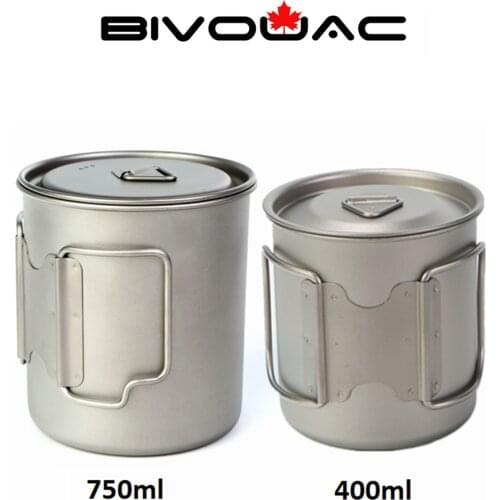 BIVOUAC 750ml and 400ml 2Pcs Packed Titanium Cup With Lid Camping Pot Coffee Mug Cooking Kit Cup With Folding Handle