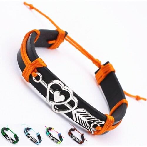 New Antique Silver Color Metal Cupids arrow Charm PU Leather Bracelet double Heart Vintage Jewelry for Women Men Couple Lover