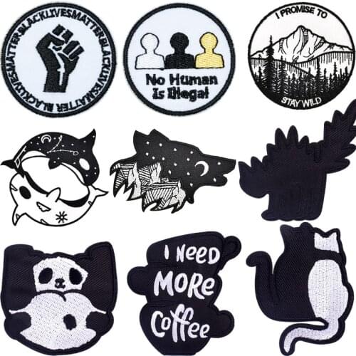 Black And White Animal Embroidery Applique Ironing Sewing Supplies Decorative Badges Cat Dolphin Letter DIY Patches For Clothing