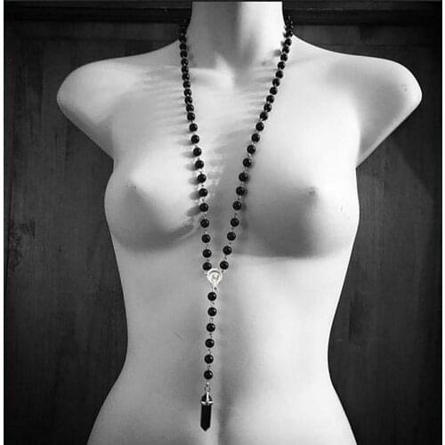 BLACK MOURNING ROSARY with real obsidian crystal point funeral funerary victorian vintage lariat gothic memento mori necklace