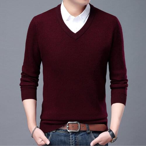 100% Wool Jumper 2021 Autum V Neck New Fashion Brand Knit Chunky Knitted Pullover Sweater Men Casual Cashmere Winter Clothes