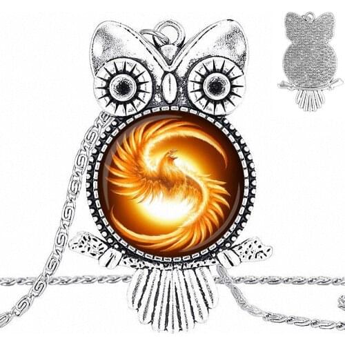 EJ Glaze Jewelry Plated Glass Cabochon Choker Long Pendant Owl Necklace For Women Kids Phoenix