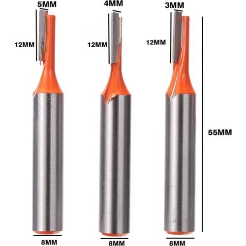 3pcs 8mm Shank Straight Cutter Router Bit 3mm 4mm 5mm Slot Diameter Woodworking Groove Cutting Router Bits Tool