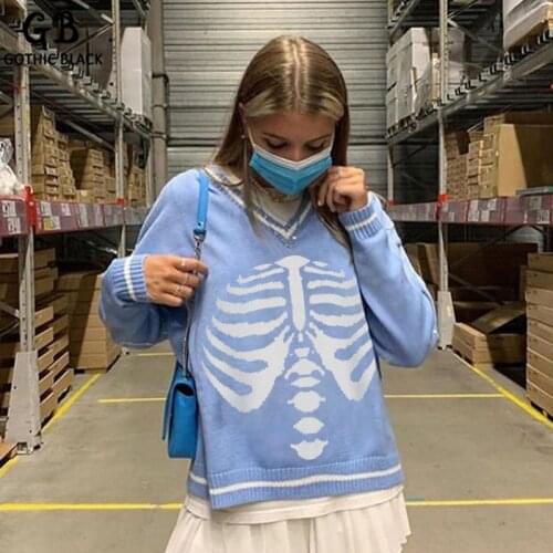 Gothblack Sweater Sternum Skeleton Print V Neck Long Sleeve Top Causal Loose Oversize Fashion Streetwear Pullover Femal Clothes