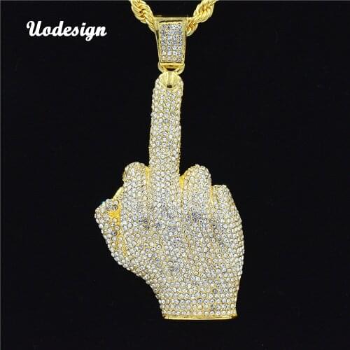 Hiphop Mens Full Iced Rhinestone Middle Finger Up necklaces pendant Hip hop Chain Necklace Gold Jewelry For Men Male Jewelry
