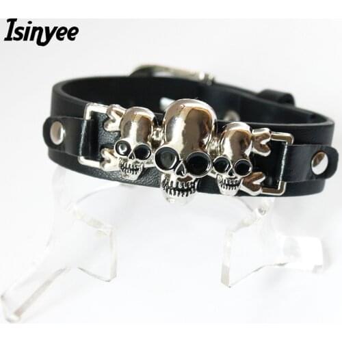 ISINYEE Fashion Skeleton Skull Bracelet Leather Snap Button Wrap Bracelets Bangles For Man Women Men Vintage Silver Punk Jewelry