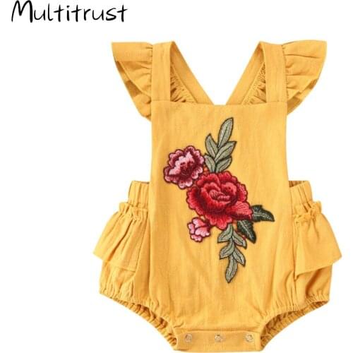 Multitrust 2020 Baby Summer Clothing Baby Girls Flower Embroidery Square Neck Flounced Sleeve Bodysuit Jumpsuit for Kids