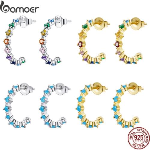 BAMOER 925 Sterling Silver Rainbow Zircon CZ Colored & Big Hoops Circle Earrings Round Piercing Stud Earrings European Jewelry