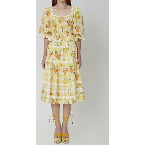 Retro Women Summer Two Piece Set Boho Party Clothes Blue Plaid Printed Square Neck Pug Top + Mid-Length High Waist Skirt 2021