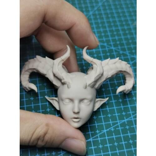1/6 Scale Elf Fairy Girl Unpainted Head Model with Horns for Toys Gifts Collections DIY