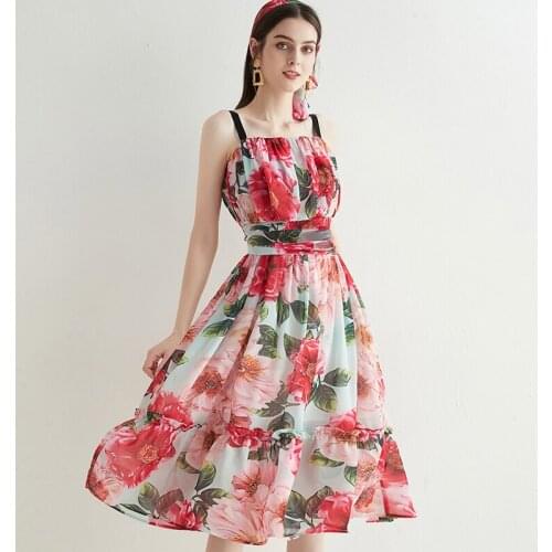 Menahem Camellia Floral Ruches Dress 2021 Summer Womens Spaghetti Strap Backless Flower Print Ruffles Folds Chiffon Vestidos