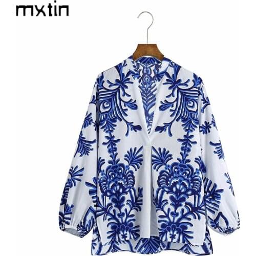 MXTIN 2021 Women Spring Fashion Floral Print Split Blouses Vintage V Neck Long Sleeve Female Shirts Blusas Casual Chic Tops