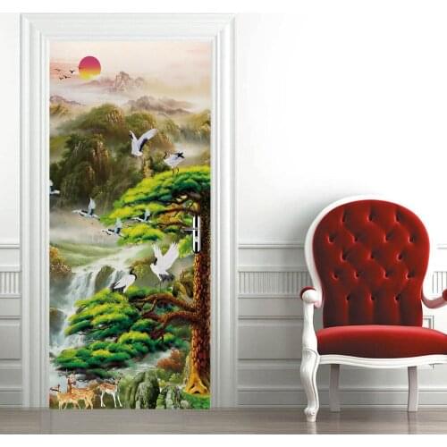 Chinese Style Landscape Picture Door Stickers White Goose Pine Tree Home Decoration Bedroom Living Room Door Decals Waterproof