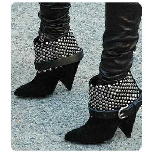 Spring New Fashion Black Suede Leather Women Finger Heel Ankle Boots Silver Rivets Cover Ladies Pointy Toe Knight Boots