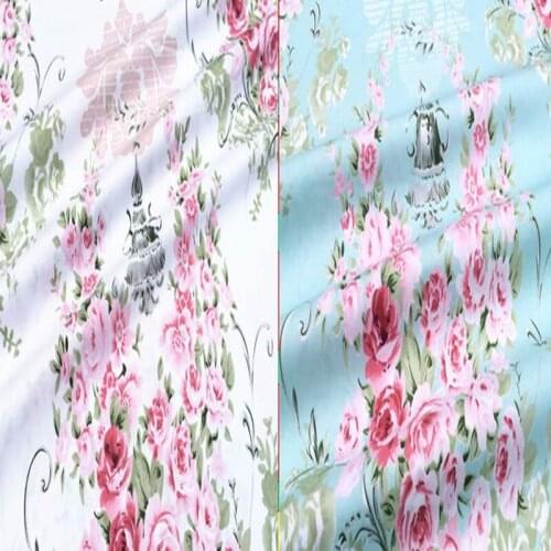 Pretty 50x160cm White & Blue Big Pink Blooming Flowers Printed Cotton Fabric Floral Fabric For DIY Sewing Bedding Clothing Quilt