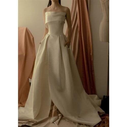 Simple Strapless French Style Sweep Train Wedding Dress Elegant Soft Satin A-Line Bridal Gowns vestidos de mairee Wedding