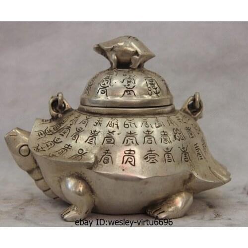 Crafts Arts China White Copper Silver Tortoise Turtle water Bottle kettle Wine Pot Teapot copper real Brass