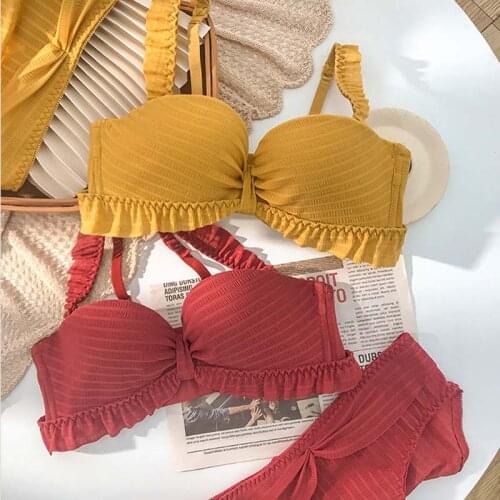 Roseheart Women Fashion Red Yellow Lace Trim Half Cup Padded Bras Bralette Panties Push Up Sexy Lingerie Sets Underwear A B