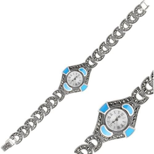 Silver 925 Sterling Marcasite Stone & Cabochons Wristwatch Clock