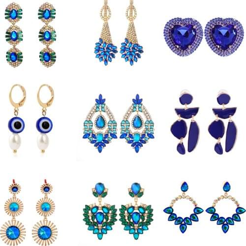 New Crystal Blue Earrings Sky Sea Color Luxury Rhinestone Blue Drop Earrings Dangle Earing for Women Fashion Jewelry Accesories