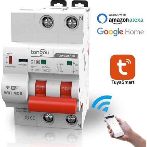 Tuya 2P WiFi Smart Circuit Breaker Short Circuit Protection Timed Smart Reclosing Switch Remote Control Works With Alexa/Google