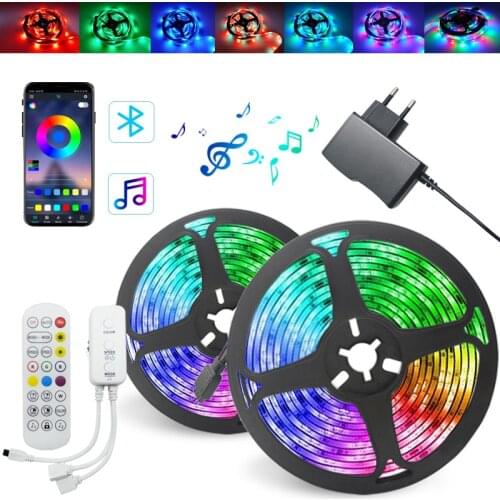 30m RGB Colourful LED Strip Light 2835 12V Led Strip 5m 10m 15M 20M Flexible Ribbon + Bluetooth Music Controller + Adapter EU