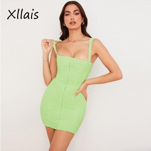 XLLAIS Elegant Green Single Breasted Mini Dress 2021 Sexy Slim Club Party Robe Womens Sleeveless Holiday Vestidos
