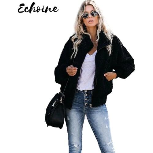 Green/Black/Red Cool For The Winter Pocketed Teddy Jacket Coats Women Fashion Long Sleeves with Ribbed Cuffs Front Zipper Coats