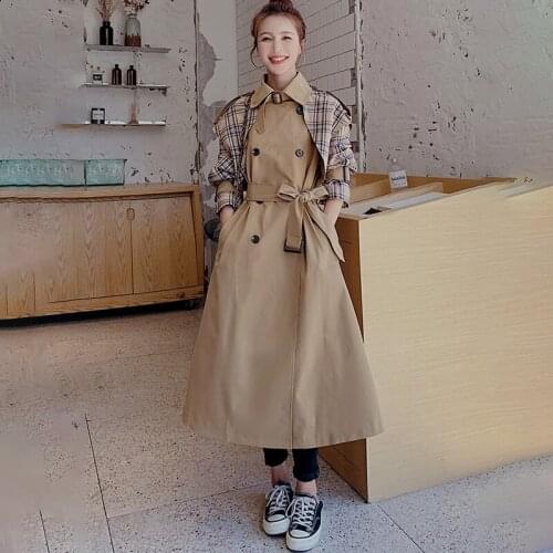 Womens Windbreaker 2021 Spring Autumn New Khaki Lattice Stitching Double-breasted Korean Loose Straight Lapel Fashion Coat 9H