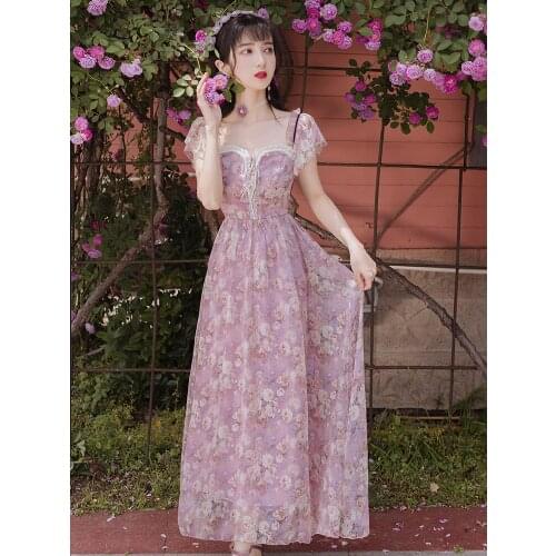 2021 New Purple Elegant Flower Dress Summer Women Vintage Sweet Square Collar Princess Short Sleeves Chiffon A-Line Dress