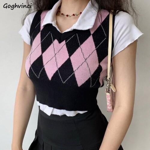 V-neck Panelled Argyle Sweater Vest Women Slim Sleeveless Knitted Waistcoats Female Preppy Style Harajuku Crop Tops Stretch Soft