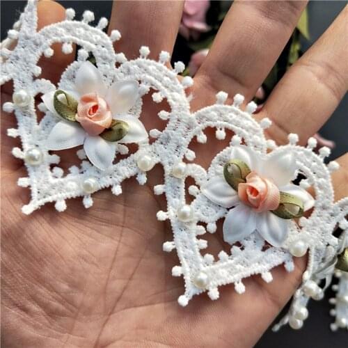 10x White Heart Pearl Flower Embroidered Lace Trim Applique Trimming Ribbon Fabric Sewing Craft Handmade Wedding Decoration
