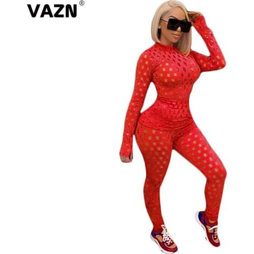 VAZN 2021 Spring Top Quality Free Casual Daily Young Soft Elastic Full Sleeve Group Long Pants Skinny Women 2 Piece Set