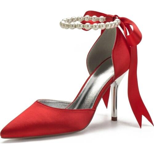 2020 Satin Pearls High Heels Wedding Shoes Women Pointed Toe Ribbon Tie Strap Formal Party Dress Pumps Heels