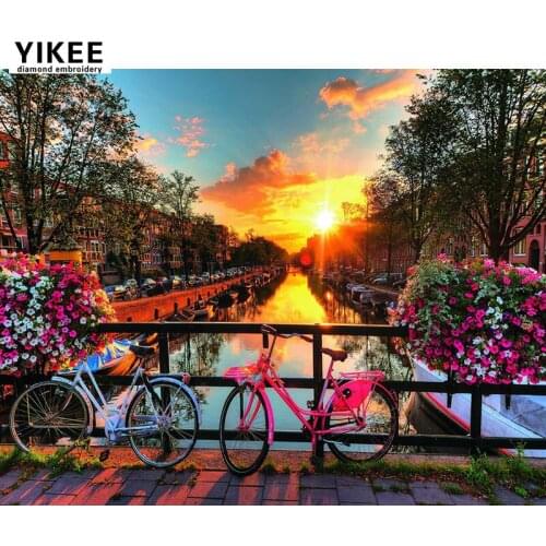 Diamond embroidery landscape,embroidery diamond diamond mosaic,rhinestone painting bicycle in sunset