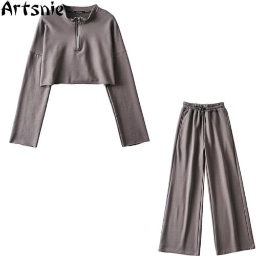 Artsnie Spring 2021 Gray Two Piece Set Women Sweatshirt Wide Leg Pants Sportwear Suits Tracksuits Ladies Two Piece Sets Outfits