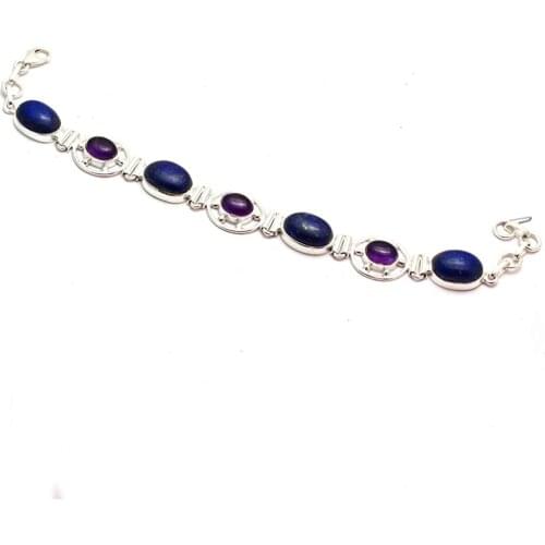 Genuine Lapis Lazuri + Amethyst Bracelet 925 Sterling Silver, 20.5 cm, GRPB0442