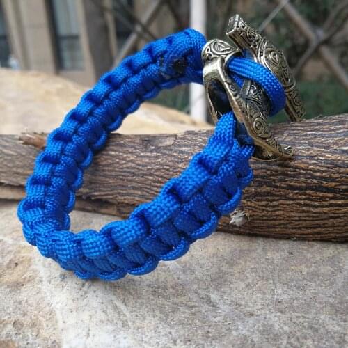 Viking Rune bead Paracord Bracelets Thor Mjolnir Hammer Amulet Rune Knot Scandinavian Bracelet Light Blue Paracord