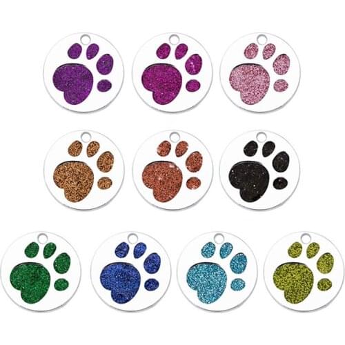 25mm Color Glitter Dog Footprints Round Pendant Necklace Metal Charms DIY Jewelry Key Chains Accessories For Pet Party 30pcs/lot