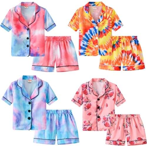 Childrens Pajamas Set Boys and Girls Clothing Set Pajamas Short Sleeve Top + Shorts Pajamas Silk Satin Pajamas